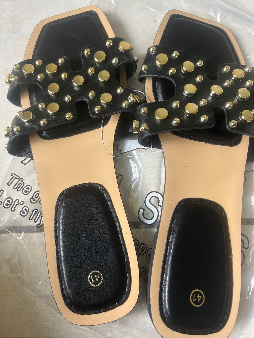 Black Studded Slide Mules with Gold Accents
